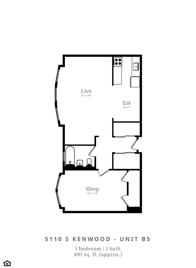 Floor plan for 1 bed, 1 bath, 691 sqft